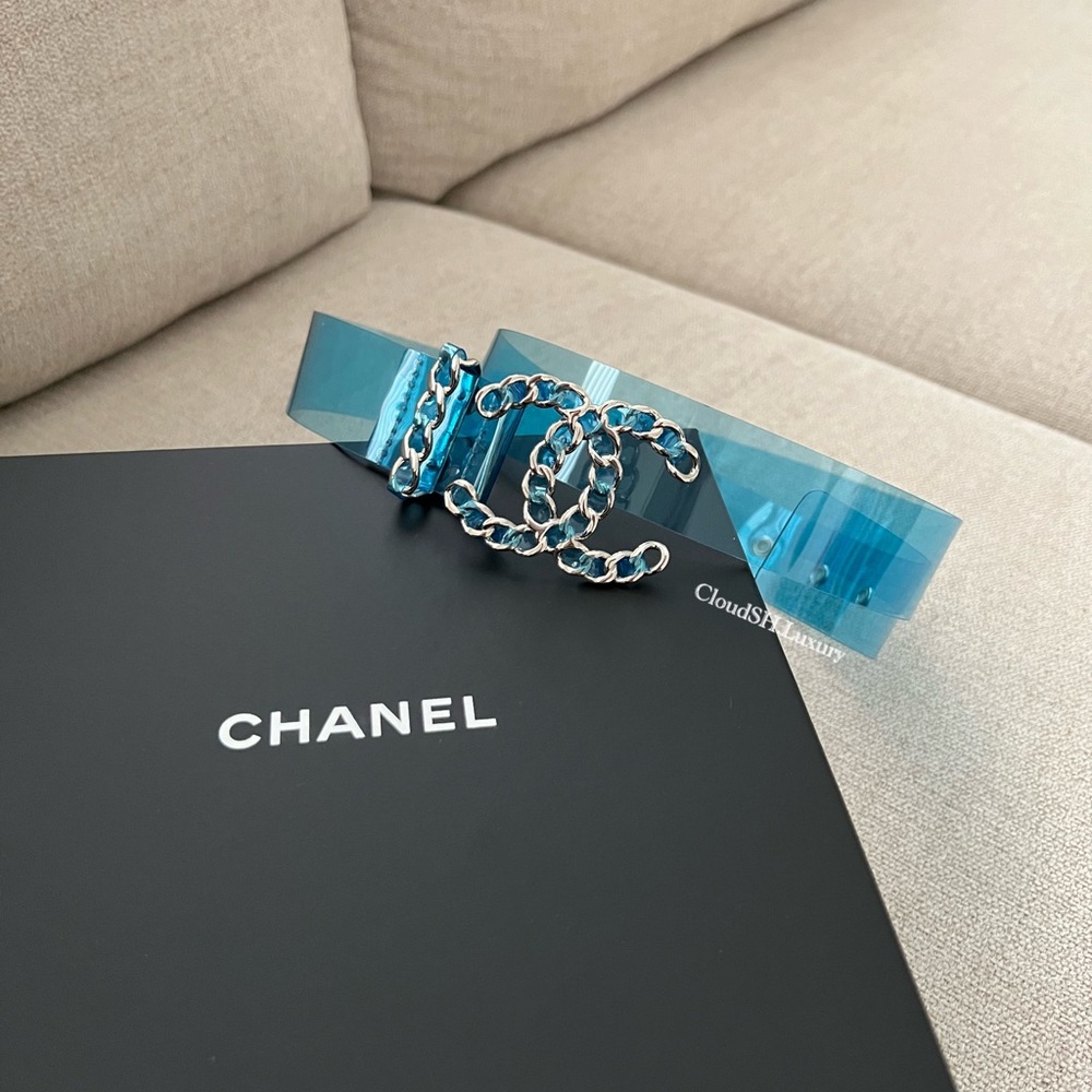Authentic Chanel CC Logo Runway Blue PVC Belt  Sz.80 - New